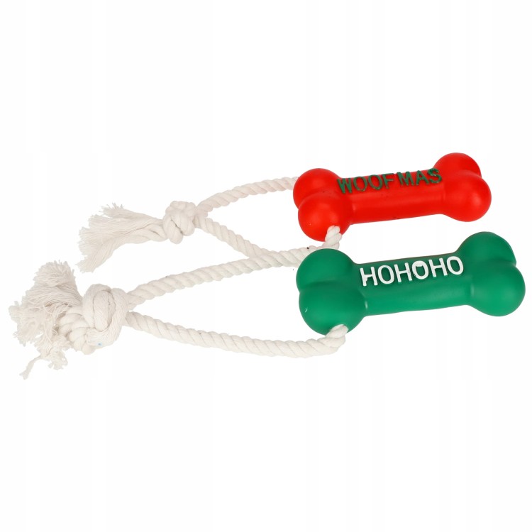 Świąteczny sznur z kością dla psa „WOOFMAS” 13 cm