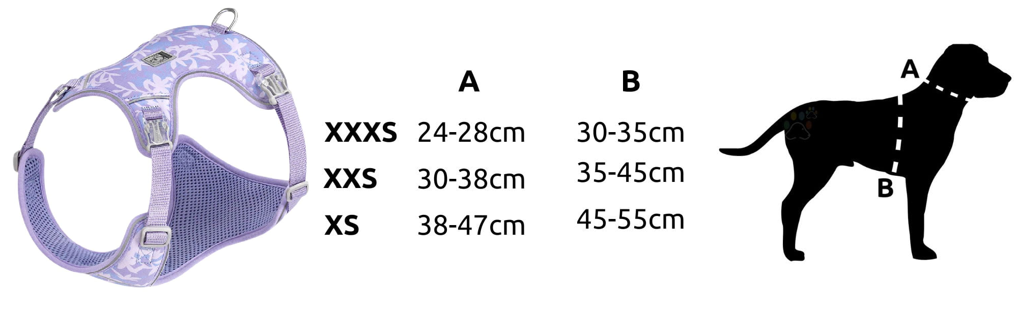 zestaw szelki i smycz dla psa miniaturowego Truelove Lightness tabela rozmiarów
