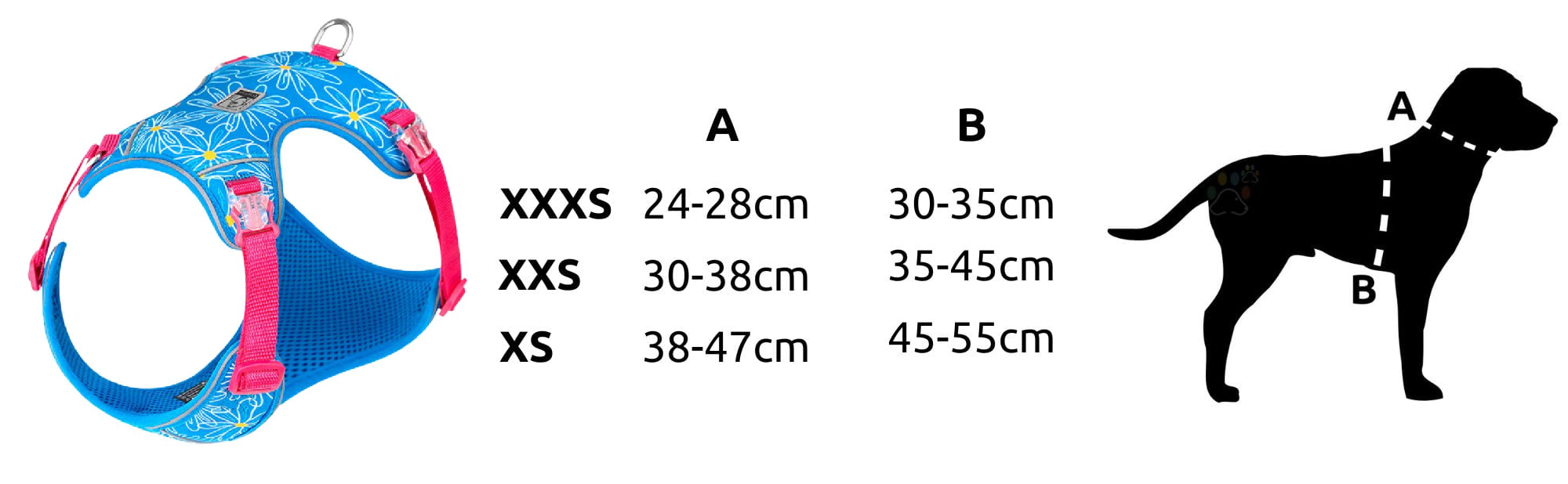 zestaw szelki i smycz dla psa miniaturowego Truelove Lightness tabela rozmiarów