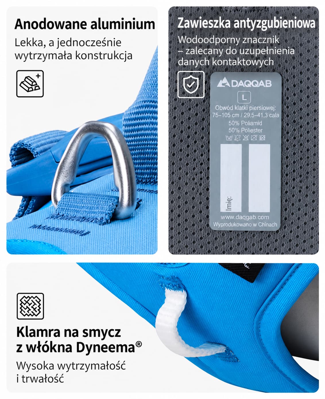 Aluminiowy D-ring i klamra z włókna Dyneema w szelkach DAQQAB Base Camp