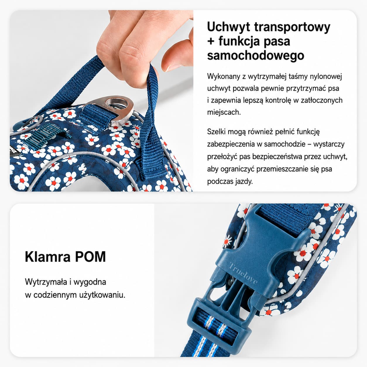 Szelki Truelove Blossom czerwono-białe klamry Duraflex i uchwyt