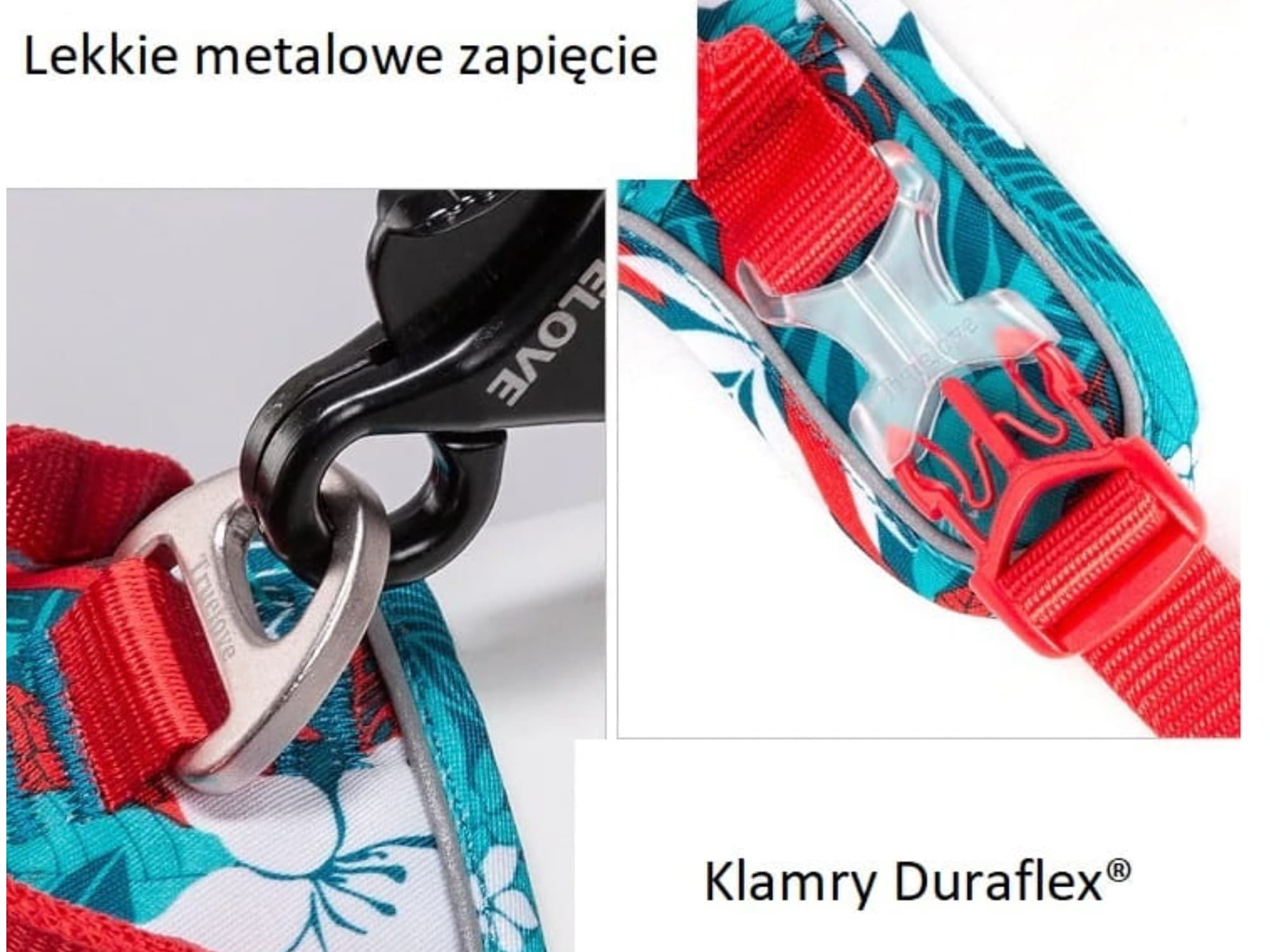 Szelki Truelove Tropical turkusowo-czerwone klamry Duraflex i uchwyt
