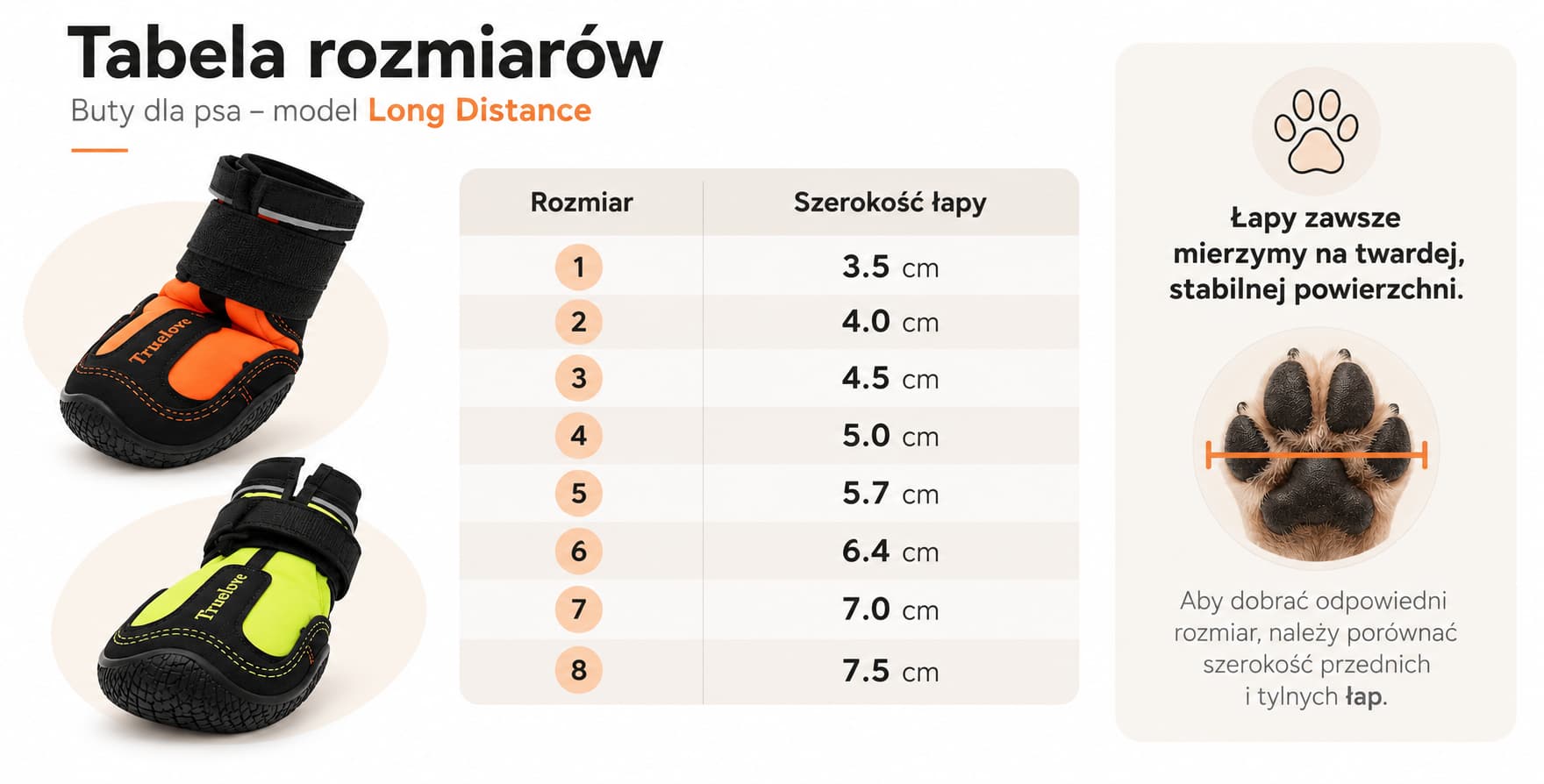 Tabela rozmiarów butów dla psa Truelove Long Distance, szerokość łapy