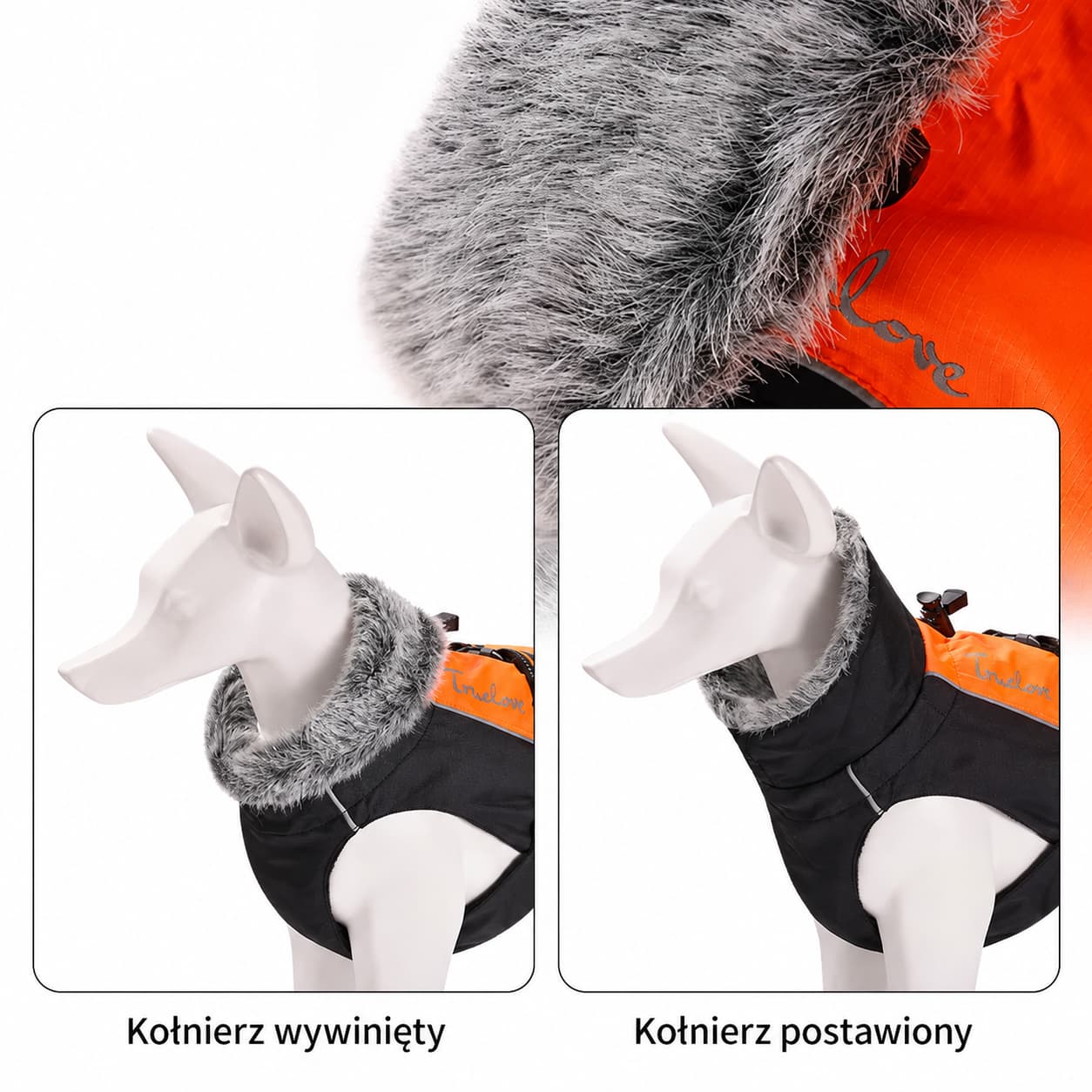 Kołnierz kurtki Truelove Comfort Plus wywinięty i postawiony, dwa sposoby noszenia